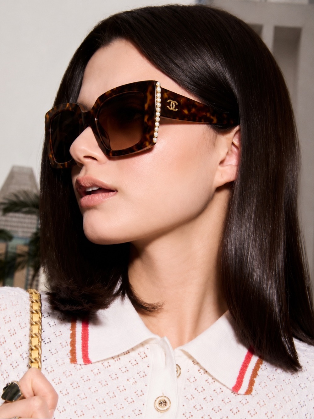 CHANEL Oversized Square Tortoise Sunglasses w/ Crystal Trim & CC Logo